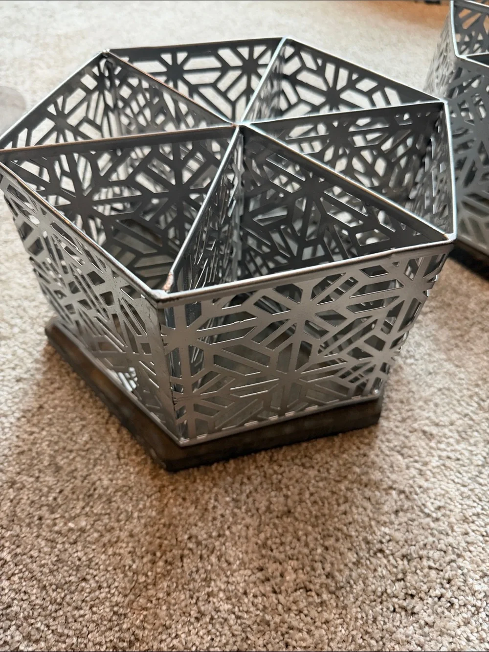 Decorative Hexagonal Metal Organizer Set in Silver. Set of 4. Wood bottoms.